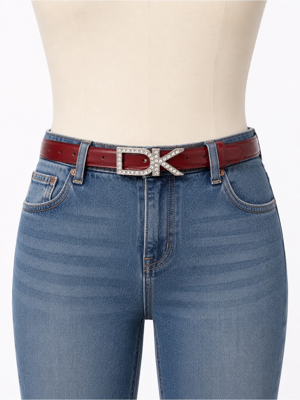Donna Karan Burgundy Leather Belt with Crystal DK Buckle
